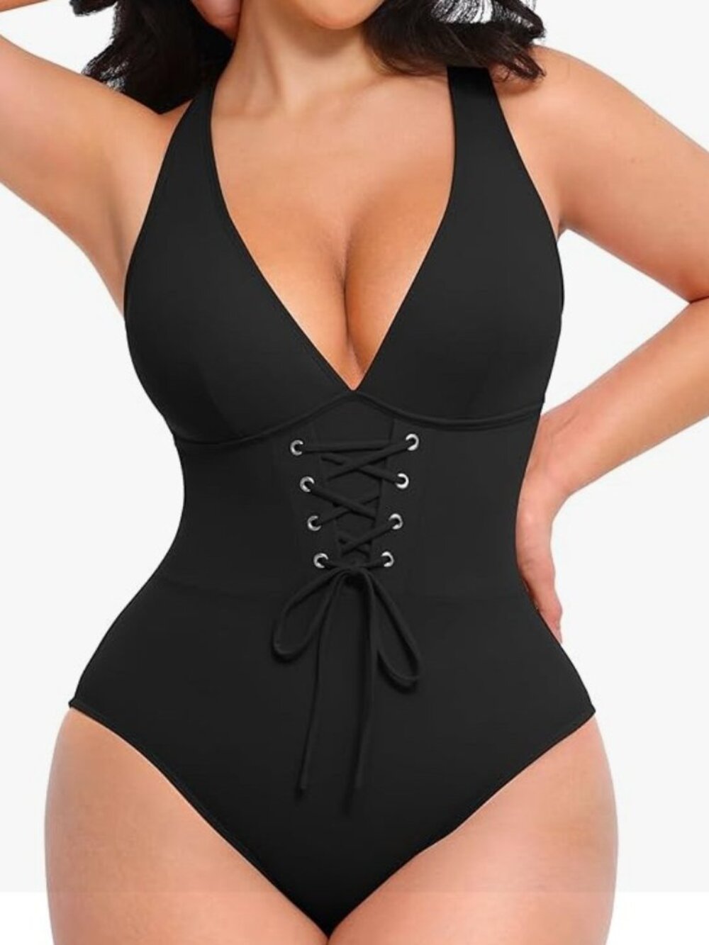 Black Lace-Up One-Piece Swimsuit - Classic V-Neck
